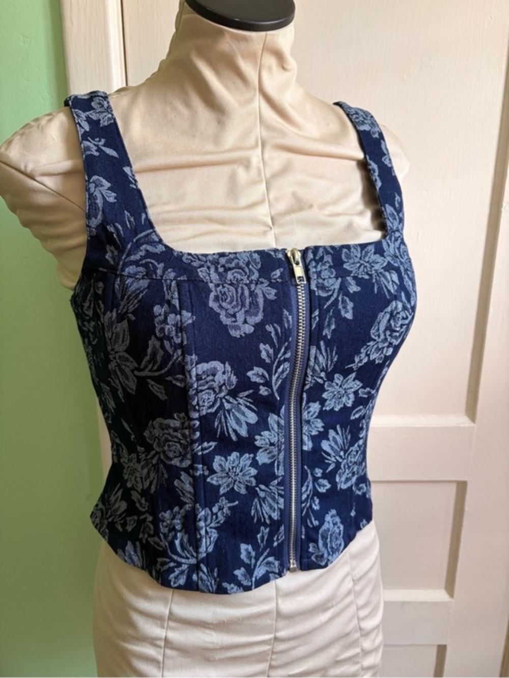 Promesa Navy Floral Zip Jacquard Denim Corset Top